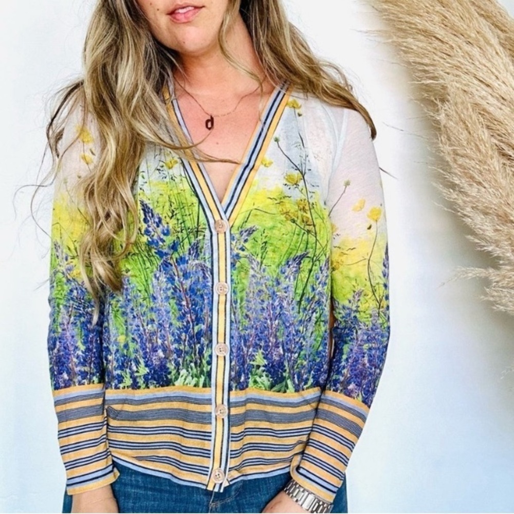 Anthropologie Floral Garden Print Cardigan in Green, Blue, Yellow